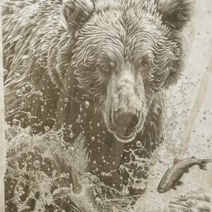 LASER ENGRAVED 3D ILLUSTRATION OF BEAR CATCHING SALMON