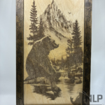 LASER ENGRAVED BEAR SITTING ON ROCK PROCESSED ON BIRCH WOOD INCLUDES STAIN FRAME & STAND 11X14