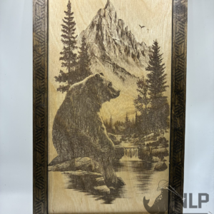 LASER ENGRAVED BEAR SITTING ON ROCK PROCESSED ON BIRCH WOOD INCLUDES STAIN FRAME & STAND 11X14