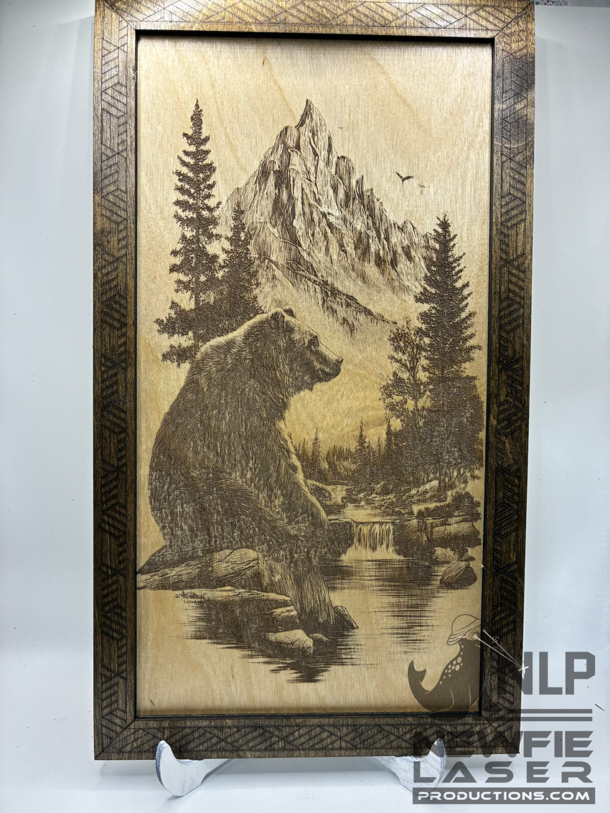LASER ENGRAVED BEAR SITTING ON ROCK PROCESSED ON BIRCH WOOD INCLUDES STAIN FRAME & STAND 11X14