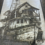 LASER ENGRAVED OLD SHIP & CABIN ON BEACH