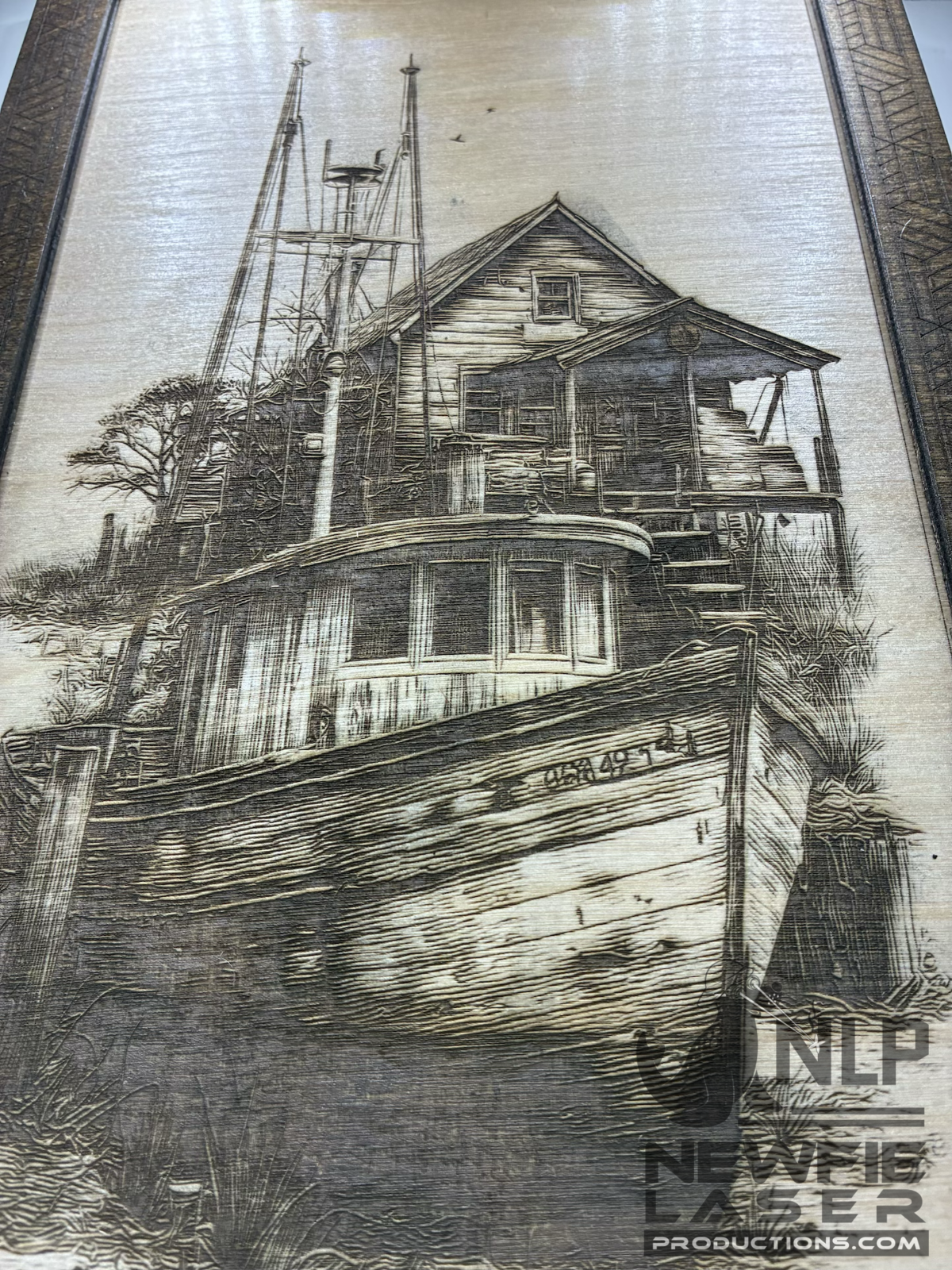 LASER ENGRAVED OLD SHIP & CABIN ON BEACH