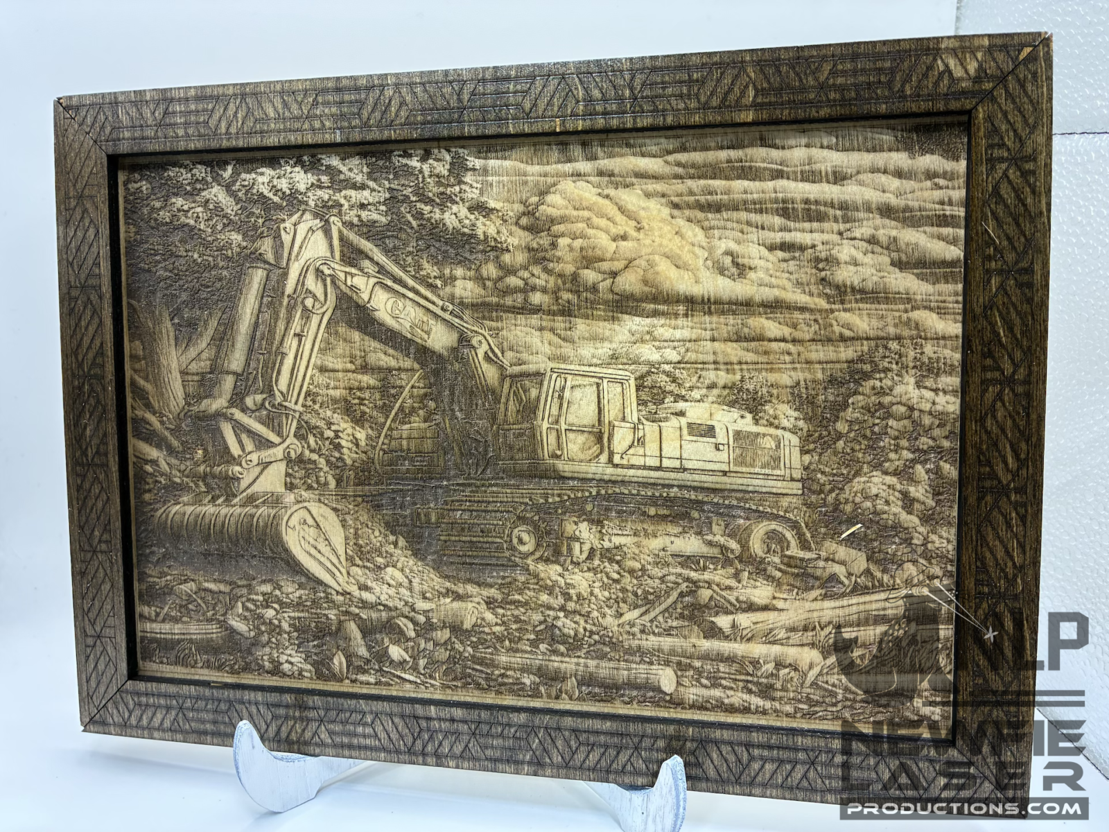 LASER ENGRAVE CAT EXCAVATOR IN COUNTRY PROCESSED ON PAINTED TILE MOUNTED TO PINE BOARD FOR BACKING INCLUDES STAIN FRAME & STAND 10x13