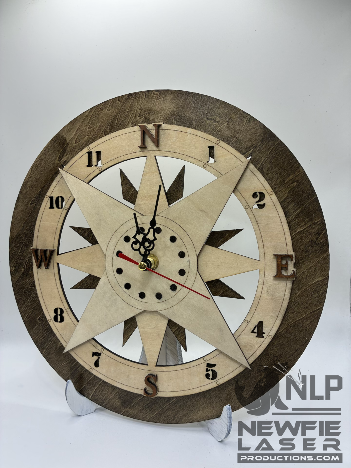 LASER CUTOUT COMPASS CLOCK PROCESSED ON LAYERS OF PINE WOOD