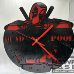 LASER CUTOUT DEADPOOL CLOCK PROCESSED ON LAYERS OF PINE WOOD