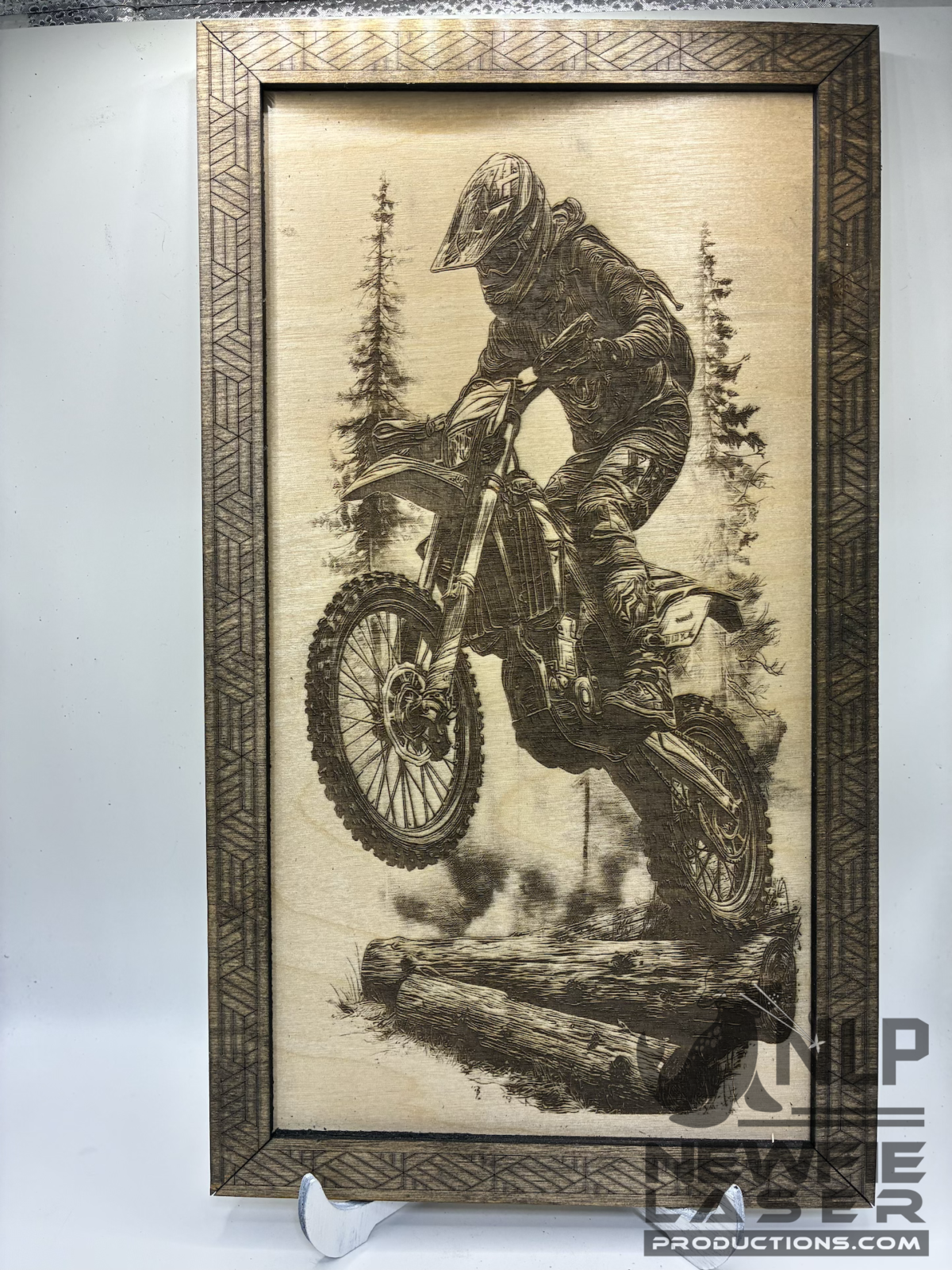 LASER ENGRAVE MOTOR CROSS BIKE PROCESSED ON PAINTED TILE MOUNTED TO PINE BOARD FOR BACKING INCLUDES STAIN FRAME & STAND 11x14