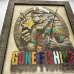 LASER ENGRAVE 3D ILLUSION PAINTED GONE FISHING FISHING PAINTED WITH CLEAR COAT PROCESSED ON PINE INCLUDES STAND 10X12