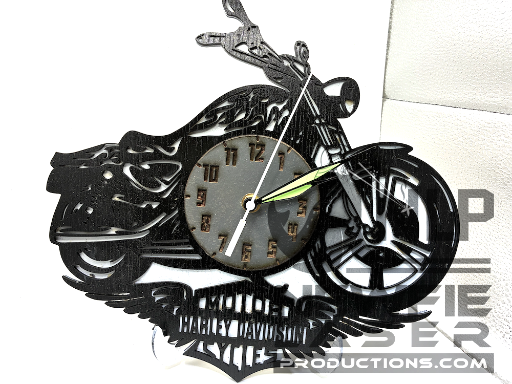 LASER CUTOUT HARLEY DAVIDSON CLOCK PROCESSED ON LAYERS OF PINE WOOD