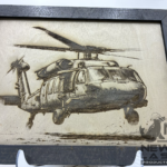 LASER ENGRAVE 3D ILLUSION BLACK HAWK HELICOPTER WITH CLEAR COAT PROCESSED ON PINE INCLUDES FRAMES & STAND 10X12