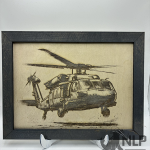 LASER ENGRAVE 3D ILLUSION BLACK HAWK HELICOPTER WITH CLEAR COAT PROCESSED ON PINE INCLUDES FRAMES & STAND 10X12