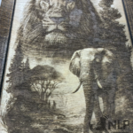 DEEP LASER ENGRAVE LION & ELEPHANT PROCESSED ON PAINTED TILE MOUNTED TO PINE BOARD FOR BACKING INCLUDES STAIN FRAME & STAND 11x14