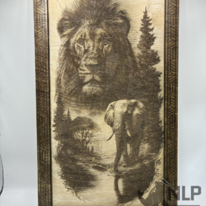 DEEP LASER ENGRAVE LION & ELEPHANT PROCESSED ON PAINTED TILE MOUNTED TO PINE BOARD FOR BACKING INCLUDES STAIN FRAME & STAND 11x14