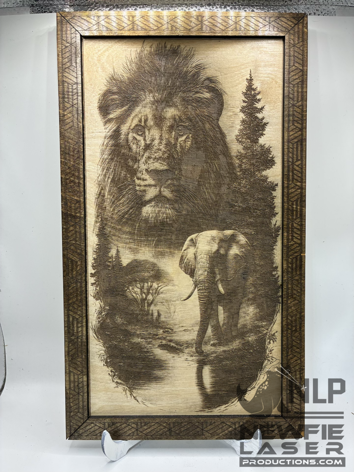 DEEP LASER ENGRAVE LION & ELEPHANT PROCESSED ON PAINTED TILE MOUNTED TO PINE BOARD FOR BACKING INCLUDES STAIN FRAME & STAND 11x14