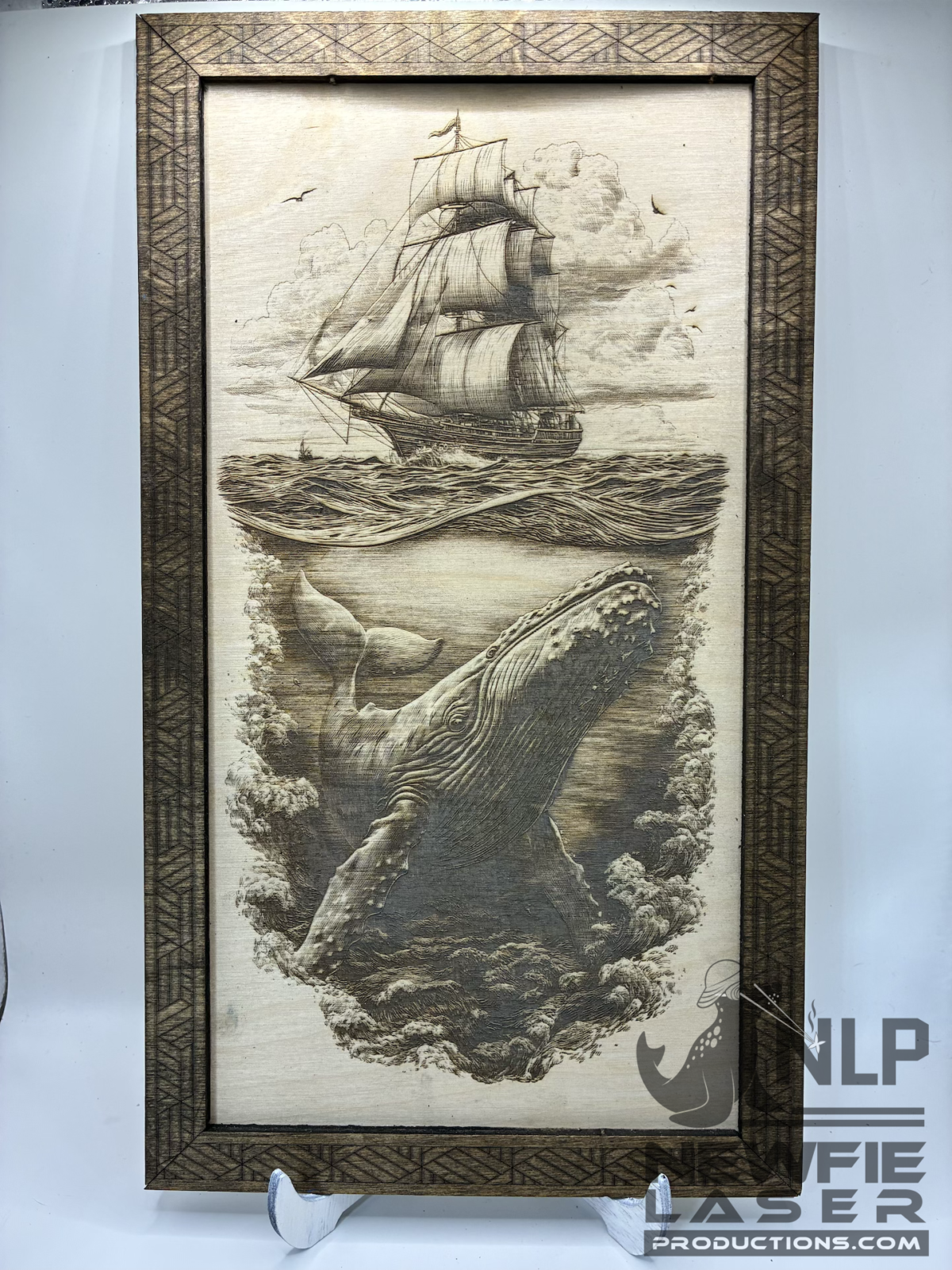 LASER ENGRAVED SHIP & WHALE PROCESSED ON BIRCH WOOD INCLUDES STAIN FRAME & STAND 11X14