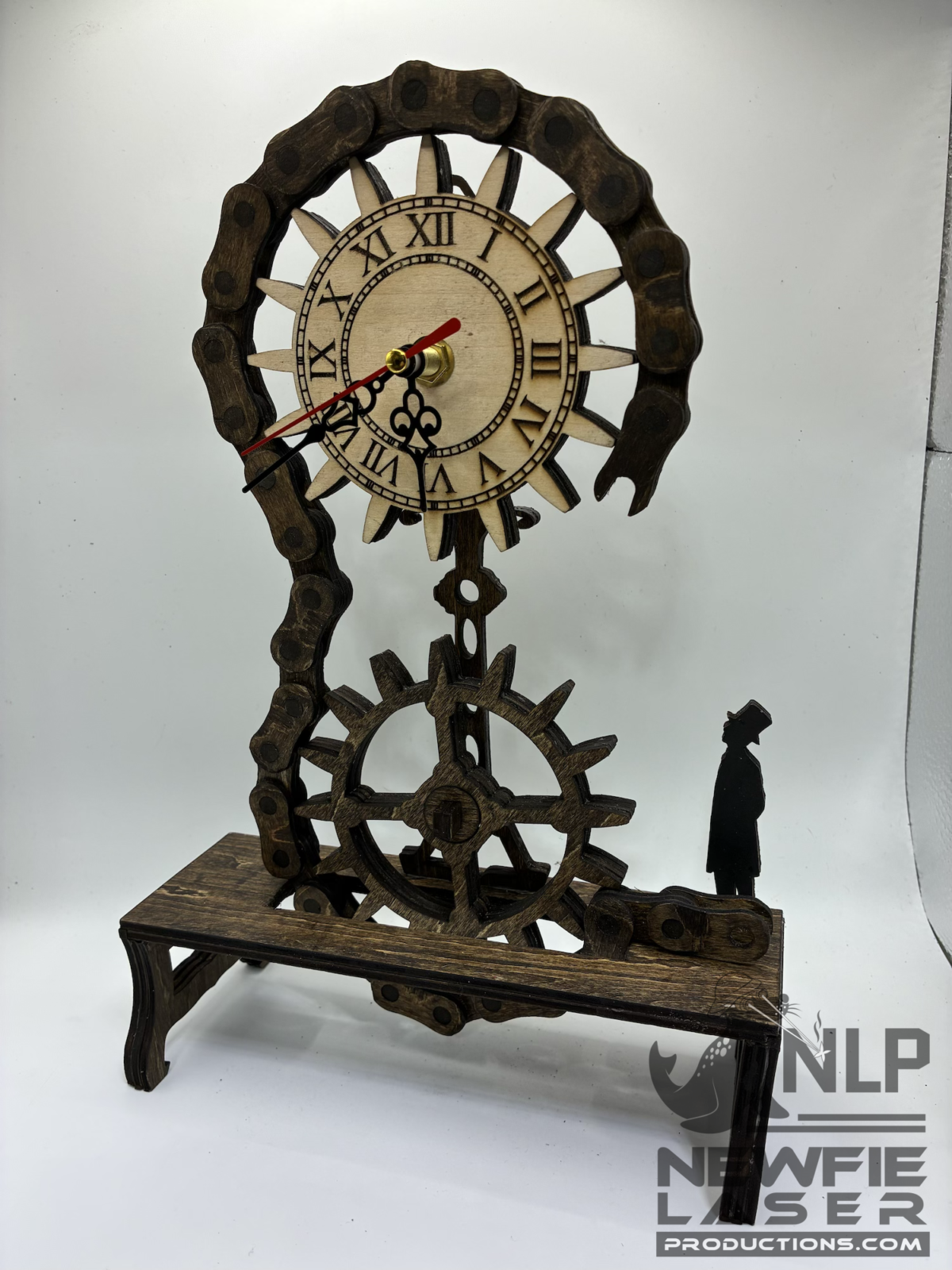 LASER CUTOUT CHAIN CLOCK WITH LINKED CHAIN PROCESSED ON LAYERS OF PINE WOOD