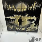 DEEP LASER ENGRAVED ON TILES MAN FISHING BY POND MOUNTED ON PINE WOOD CLEAR COAT ADDED 12X12
