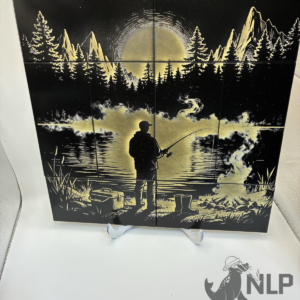 DEEP LASER ENGRAVED ON TILES MAN FISHING BY POND MOUNTED ON PINE WOOD CLEAR COAT ADDED 12X12