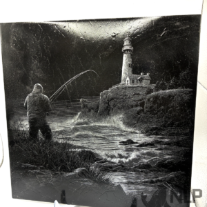 DEEP LASER ENGRAVED ON CERAMIC TILES MAN FISHING BY POND ENGRAVED.ON CERAMIC TILE CLEAR COAT ADDED & INCLUDES STAND 12X12