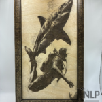 DEEP LASER ENGRAVING SCOOBA DIVING WITH GREAT WHITE SHARK STAIN STANDS INCLUDED 10X14