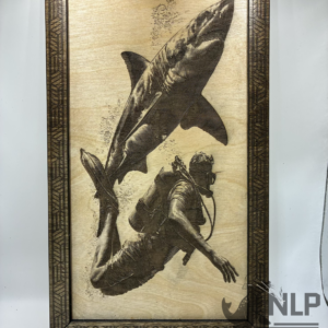 DEEP LASER ENGRAVING SCOOBA DIVING WITH GREAT WHITE SHARK STAIN STANDS INCLUDED 10X14